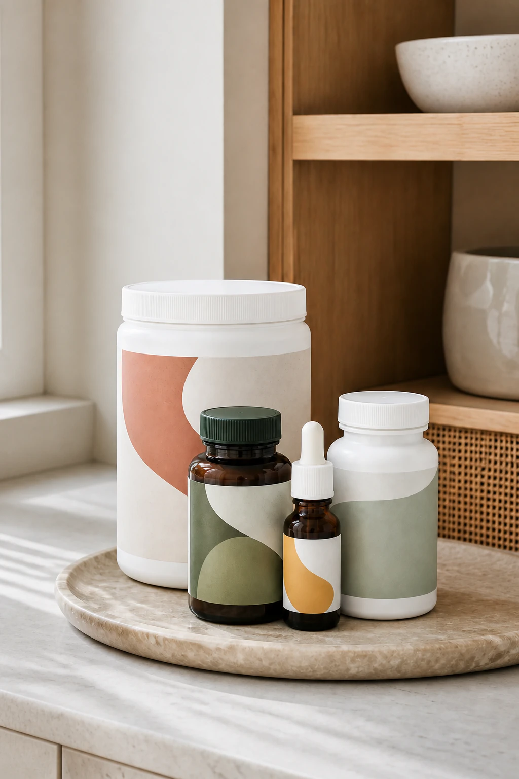Collagen and wellness supplements organized on a home cabinet shelf