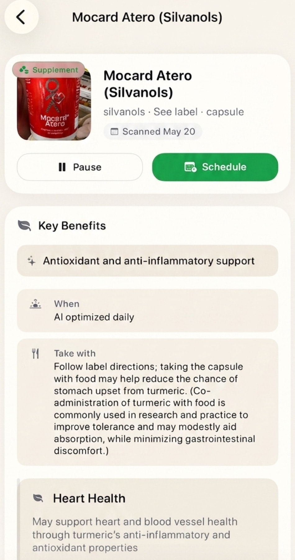 StackMyMed supplement details organized from a scanned label
